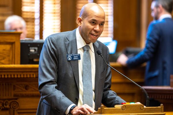 Georgia State Sen. Jason Esteves, D-Atlanta, speaks about HB 147, a school safety bill, at the Senate in Atlanta on Monday, March 13, 2023. (Arvin Temkar/The Atlanta Journal-Constitution)