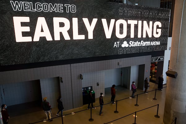 State Farm Arena's service in hosting early voting in 2020 is one of the selling points made in a letter by boosters who want to see it play host to the 2024 Democratic National Convention. “Let’s nominate Joe Biden in the very building where over 40,000 Georgians cast their ballots — the deciding ballots for Georgia’s 16 electoral votes — for him in 2020,” the letter states. (Megan Varner/Getty Images/TNS)