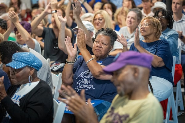 A packed room of supporters cheer on the speakers during the Biden-Harris and Georgia Democrats for DeKalb County Office Opening in Decatur on Saturday, July 6, 2024.  (Steve Schaefer / AJC)