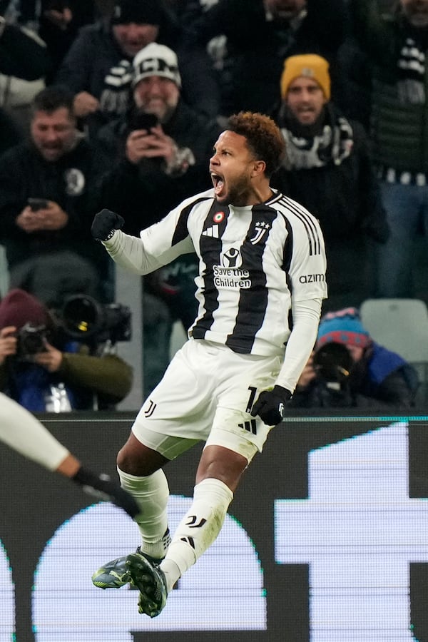 Juventus' Weston McKennie celebrates after scoring his side's second goal during the Champions League, opening phase soccer match between Juventus and Manchester City at the Allianz stadium in Turin, Italy, Tuesday, Wednesday, Dec.11, 2024. (AP Photo/Luca Bruno)