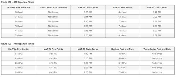 These are the morning and evening service times for CobbLinc's Route 100 on the Friday after Thanksgiving 2017.