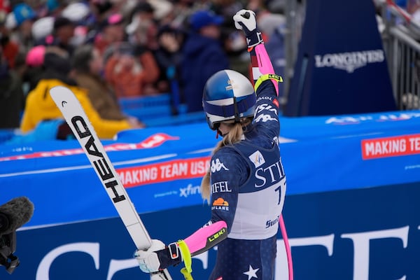 United States' Lindsey Vonn reacts after her women's super-G run at the World Cup Finals, Sunday, March 23, 2025, in Sun Valley, Idaho. (AP Photo/John Locher)