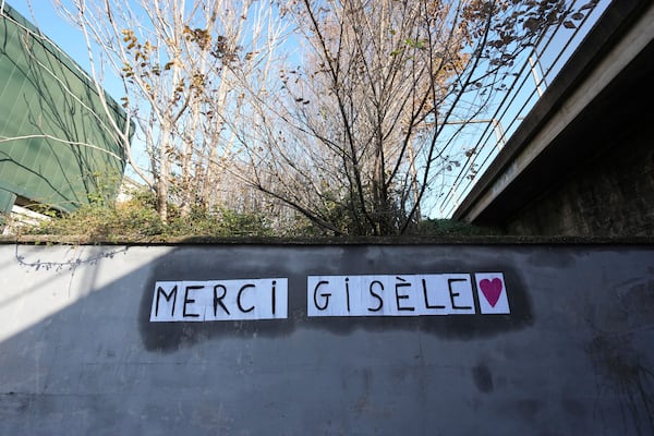 A poster "Thank you Gisele" is pictured, Saturday, Dec. 14, 2024 in Avignon, southern France, near the courthouse where the Mazan rape trial is taking place. (AP Photo/Aurelien Morissard)