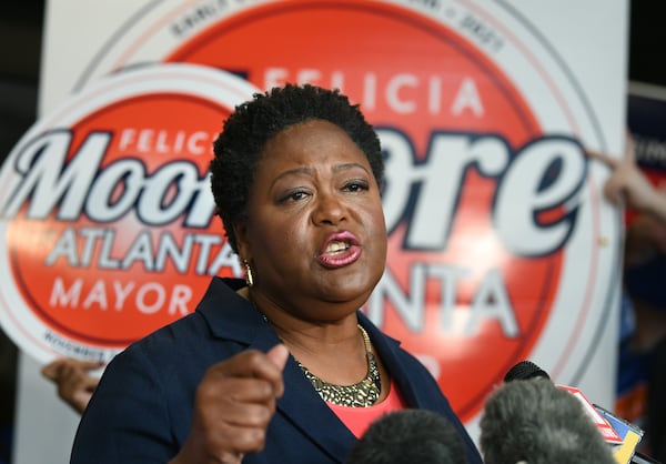 August 17, 2021 Atlanta - Atlanta City Council President Felicia Moore, speaks to members of the press after filing paperworks for November 2nd Atlanta Mayoral Election outside the Atlanta City Hall on Tuesday, August 17, 2021. Atlanta City Council President Felicia Moore and former Atlanta mayor Kasim Reed filed paperwork and qualified as a candidate in the November 2nd Atlanta Mayoral Election.  (Hyosub Shin / Hyosub.Shin@ajc.com)