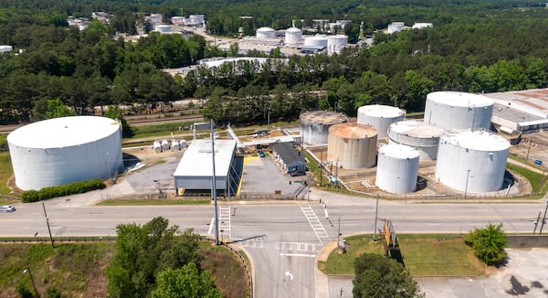 An aerial photo shows Kinder Morgan's Doraville #3 facility on May 13, 2021. This facility receives petroleum through the Colonial Pipeline. (Hyosub Shin / Hyosub.Shin@ajc.com)