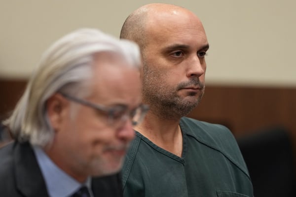 Sean M. Higgins, right, the driver charged with killing NHL hockey player Johnny Gaudreau and his brother Matthew as they bicycled on a rural road, appears at the Salem County, N.J., Courthouse with his lawyer Matthew Portella, Tuesday, Nov. 12, 2024, in Salem, N.J. (AP Photo/Matt Slocum)