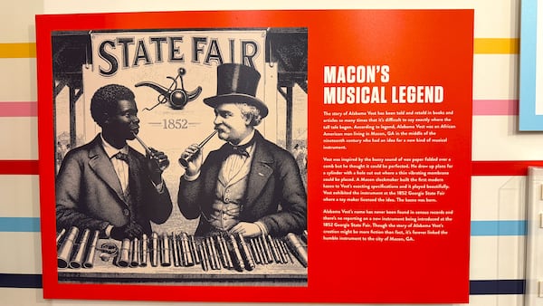 Artwork used to illustrate the legend that the modern kazoo was invented in Macon for an exhibit now on display at that city's Tubman African American Museum. (Joe Kovac Jr. / AJC)