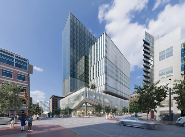 Technology Square' third phase will feature two towers above a combined communal area along West Peachtree, Spring and 5th streets. Courtesy of Eskew Dumez Ripple