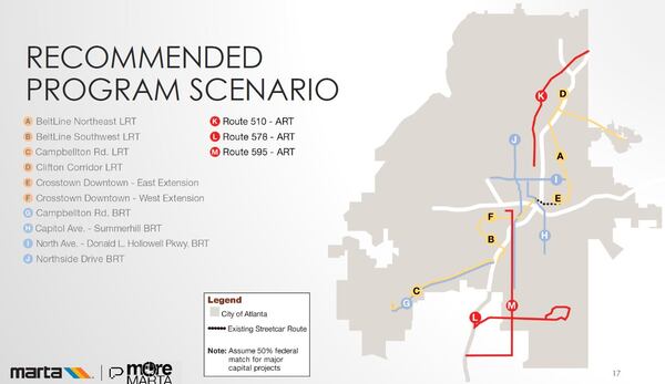 This MARTA presentation shows the major transit improvements proposed for the “More MARTA” program approved by Atlanta voters in 2016. The projects include light rail (yellow), bus rapid transit (blue) and arterial rapid transit (red) lines. Not pictured: Local bus improvements, new bus transfer stations and renovation of numerous existing transit stations. SOURCE: MARTA.