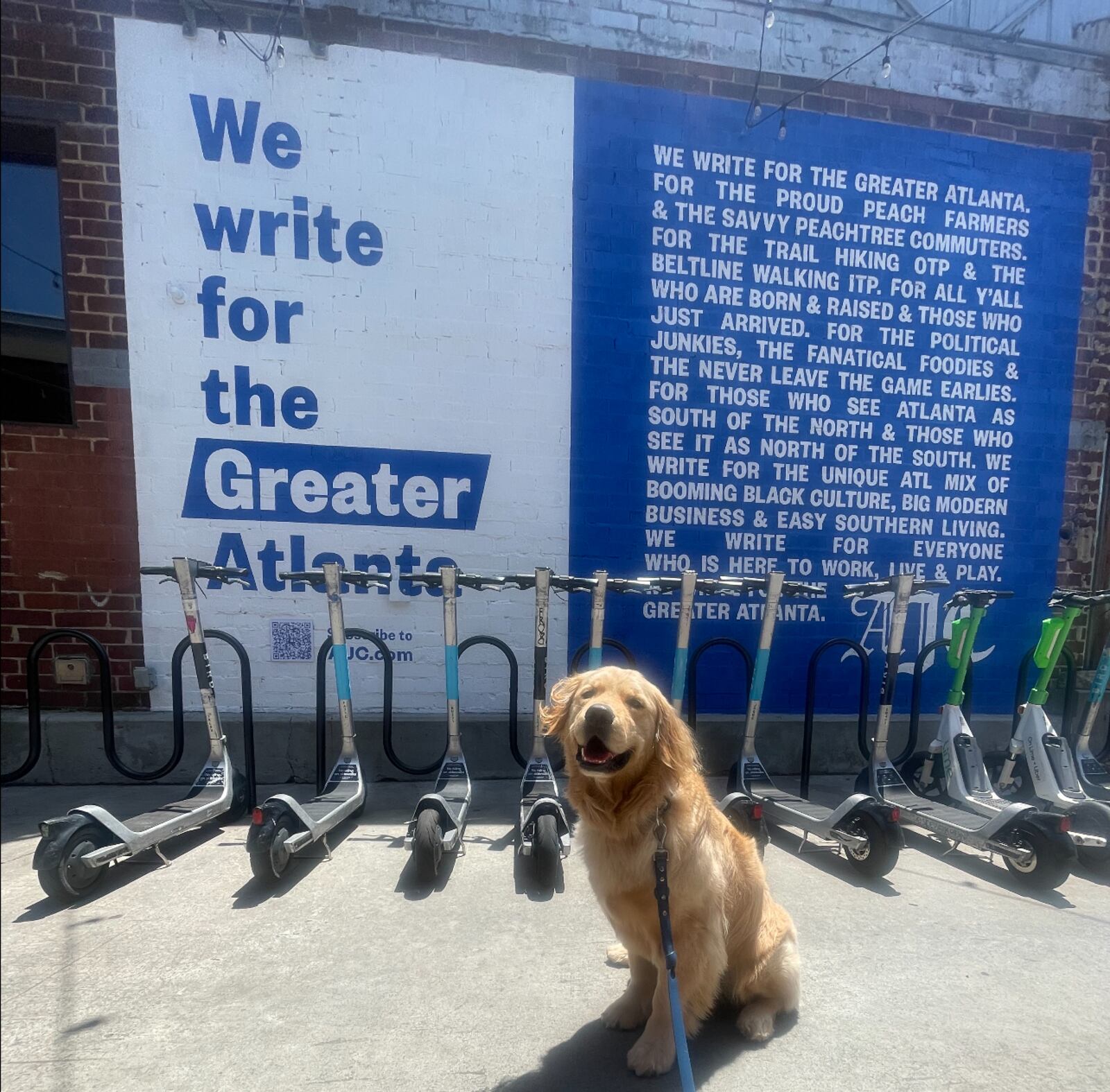 Bucatini Monroe strikes a pose in front of the new AJC mural at the Krog Street Market in Atlanta.