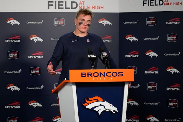 Denver Broncos quarterback Bo Nix talks during a news conference following an NFL football game against the Atlanta Falcons, Sunday, Nov. 17, 2024, in Denver (AP Photo/Jack Dempsey)