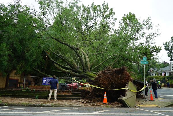 A large tree that fell in storms on Thursday, Sept. 14, 2023 on a playground used by the Grant Park Cooperative Preschool in Atlanta's Grant Park neighborhood is shown on Friday, Sept. 15, 2023.