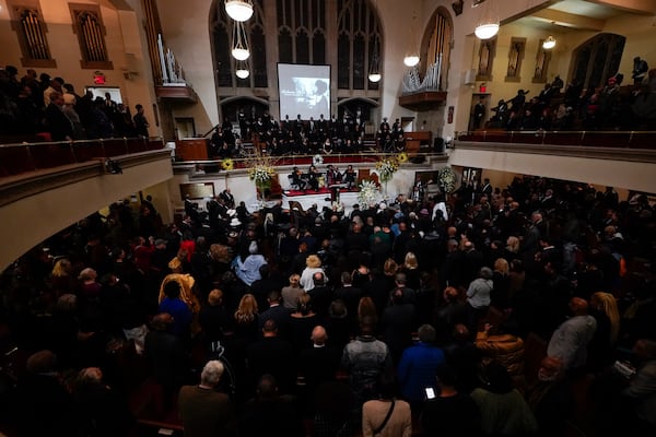 Senior Pastor of The Abyssinian Baptist Church, Reverend Dr. Kevin R. Johnson gives the benediction during a ceremony in celebration of Roberta Flack's life at The Abyssinian Baptist Church on Monday, March 10, 2025, in New York. (AP Photo/Richard Drew)