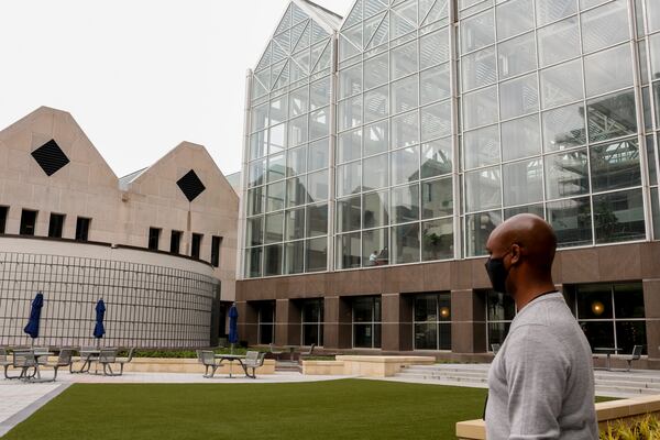 Renovations are complete outside the Fulton County government building in Atlanta, Georgia, on Wednesday, May 5, 2021. (Rebecca Wright for the Atlanta Journal-Constitution)