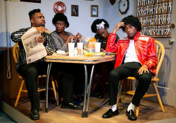 By turns side-splitting and thought-provoking, the Actor's Express staging of the satirical “Bootycandy” featured Charlie Thomas (from left), Parris Sarter, Asia Rogers and Damian Lockhart.
(Courtesy of Actor's Express/Casey Gardner Ford)