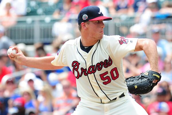 Braves rookie Lucas Sims throws a third inning pitch against the Miami Marlins at SunTrust Park on August 6, 2017 in Atlanta.