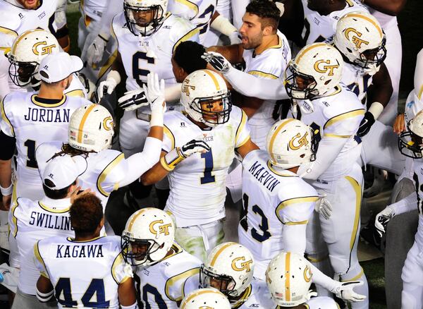 ATLANTA, GA - OCTOBER 4: Isaiah Johnson #1 of the Georgia Tech Yellow Jackets is congratulated by teammates after a second quarter interception against the Miami Hurricanes at Bobby Dodd Stadium on October 4, 2014 in Atlanta, Georgia. (Photo by Scott Cunningham/Getty Images) Former Georgia Tech safety Isaiah Johnson had offers to sign an undrafted free agent contract from the Lions, Rams, Saints and Titans, eventually picking Detroit. (GETTY IMAGES)