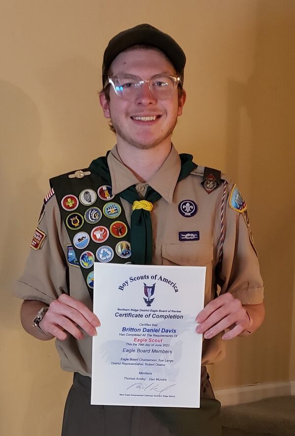 The Northern Ridge Boy Scout District (Cities of Roswell, Alpharetta, John’s Creek, Milton) is proud to announce its newest Eagle Scout,  who passed his Board of Review On June 29: Britton Davis of Troop 2000, sponsored by Johns Creek Presbyterian Church, whose project was the design and construction of 2 paper shelving units with draws as well as 7 art caddies all painted in different colors, for Taylor Road Middle School