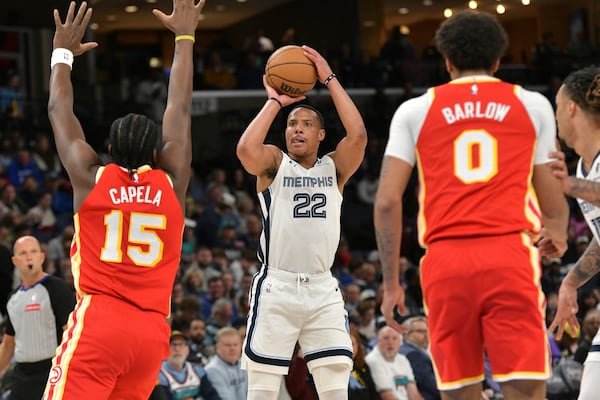 Memphis Grizzlies guard Desmond Bane (22) shoots against Atlanta Hawks center Clint Capela (15) in the first half of an NBA basketball game, Monday, March 3, 2025, in Memphis, Tenn. (AP Photo/Brandon Dill)