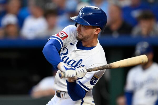 Kansas City Royals' Drew Waters at bat against the New York Yankees during the fifth inning of a baseball game, Tuesday, June 11, 2024, in Kansas City, Mo. (AP Photo/Reed Hoffmann)