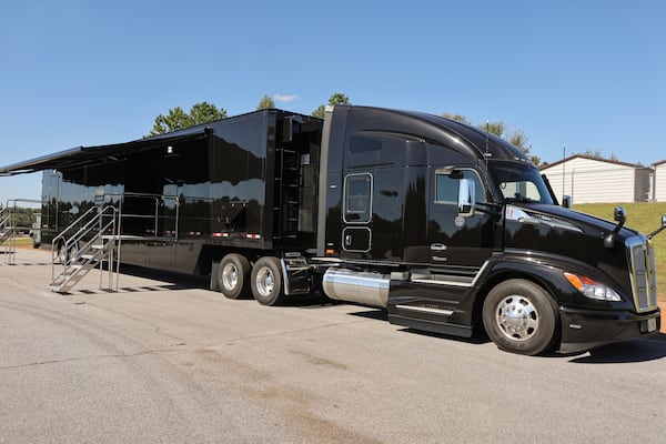 Views of the exterior of the Georgia Department of Public Safety’s new semi truck shown on Monday, October 2, 2023. The truck is a part of of the GDPS Teen Driving program and contains six modules with simulations of various driving scenarios to help Georgia teens become more defensive drivers. (Natrice Miller/ Natrice.miller@ajc.com)