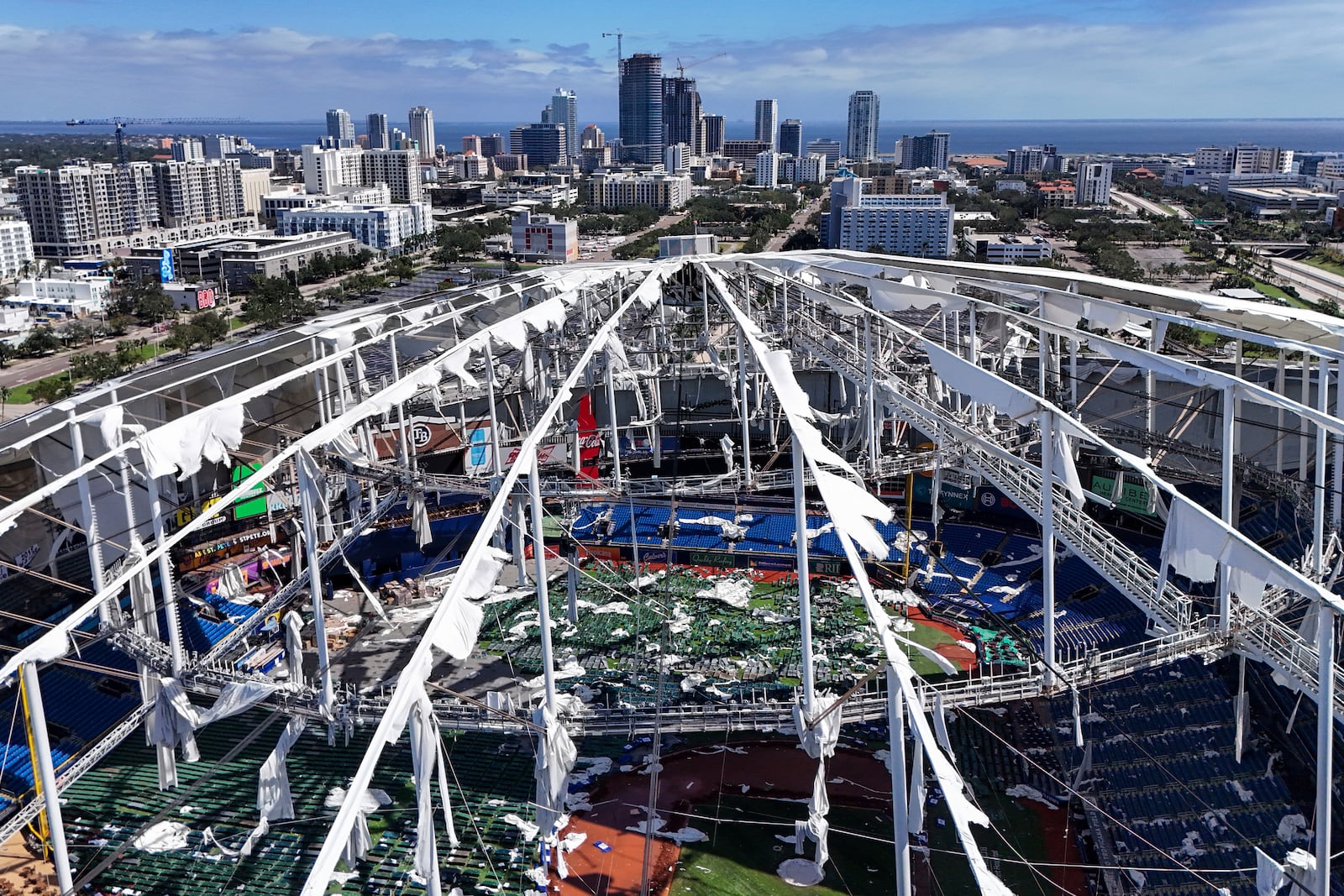 The roof of Tropicana Field in St. Petersburg after Hurricane Milton plowed through Florida.