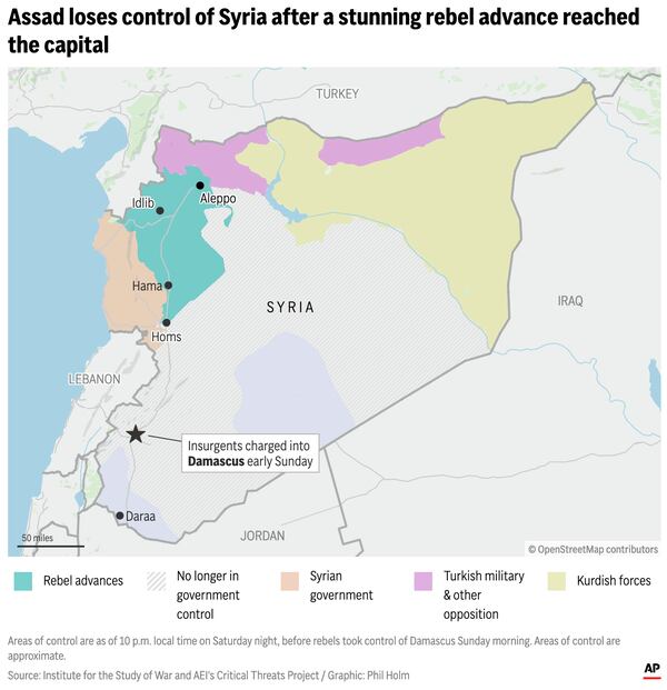 The graphic above shows the areas of control in Syria as of 10 p.m. Dec. 7. (AP Digital Embed)