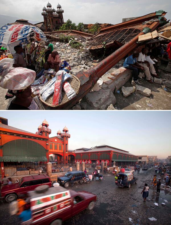 FILE - This combo of two photos shows a Feb. 15, 2010 file photo, top, of people selling goods outside the ruins of the old Iron Market, a month after it was destroyed by a powerful earthquake that struck Port-au-Prince, Haiti, and photo taken almost five years later on Jan. 10, 2015, showing the market which was rebuilt by Haitis biggest employer, mobile phone company Digicel. The Jan. 12, 2010 disaster prompted a huge influx of international assistance, with governments and aid groups arriving to offer both immediate help and long-term development. (AP Photo/Dario Lopez-Mills, Dieu Nalio Chery, File)