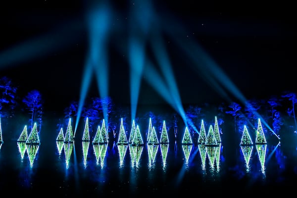 The lake at Callaway Gardens reflects the tree lights during Fantasy in Lights, doubling the illuminating effect. Courtesy of Callaway Gardens