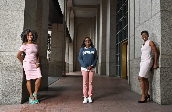 August 25, 2020 Atlanta - Sorority sisters of Kamala Harris, U.S. Senator and Democratic candidate for Vice President, (from left) Thyrsa M. Gravely, Michelle D. Arrington, and Lorri L. Saddler wearing their sorority colors, pink and green, on Tuesday, August 25, 2020. (Hyosub Shin / Hyosub.Shin@ajc.com)