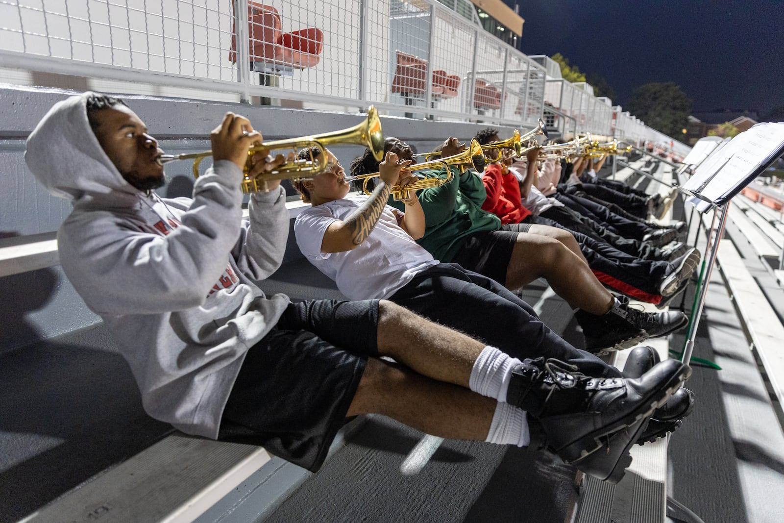 Clark Atlanta University marching band trumpet players practice at Panther Stadium at Clark Atlanta University in Atlanta on Thursday, October 10, 2024. (Arvin Temkar / AJC)