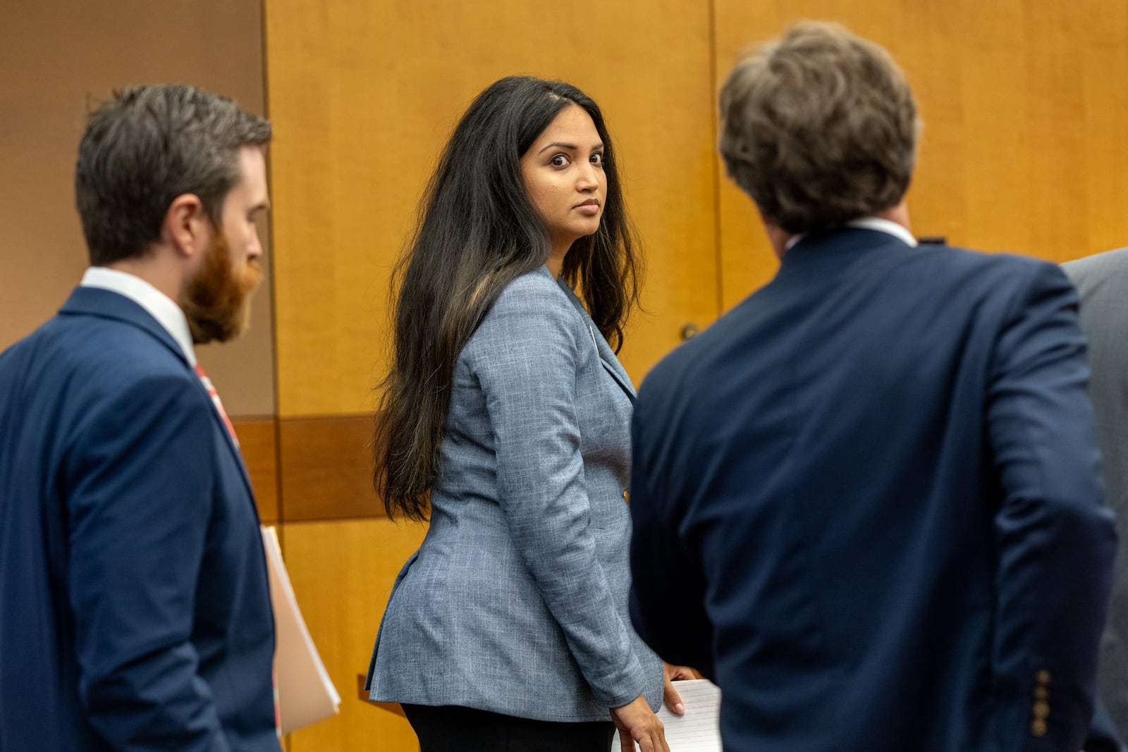 Co-plaintiff state Sen. Nabilah Islam Parkes, D-Duluth, appears at a hearing at the Fulton County Courthouse in Atlanta on Wednesday, Oct. 9, 2024, regarding whether Gov. Brian Kemp must order an investigation of the State Election Board. (Arvin Temkar/AJC)