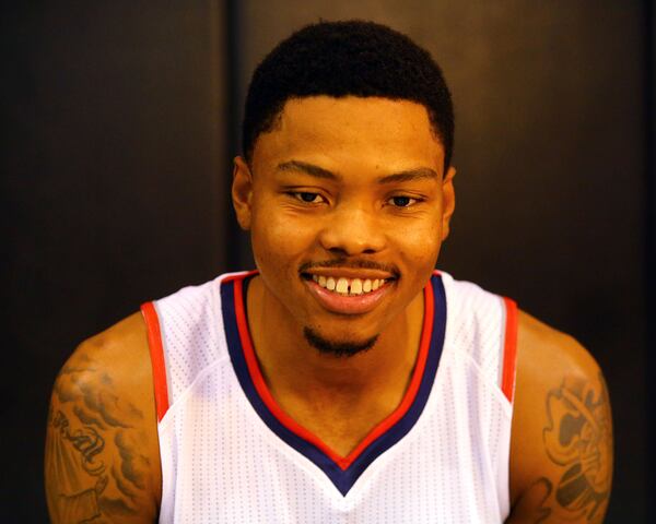 092914 ATLANTA: Hawks guard Kent Bazemore smiles at a question during Media Day at Philips Arena on Monday, Sept. 29, 2014, in Atlanta. CURTIS COMPTON / CCOMPTON@AJC.COM