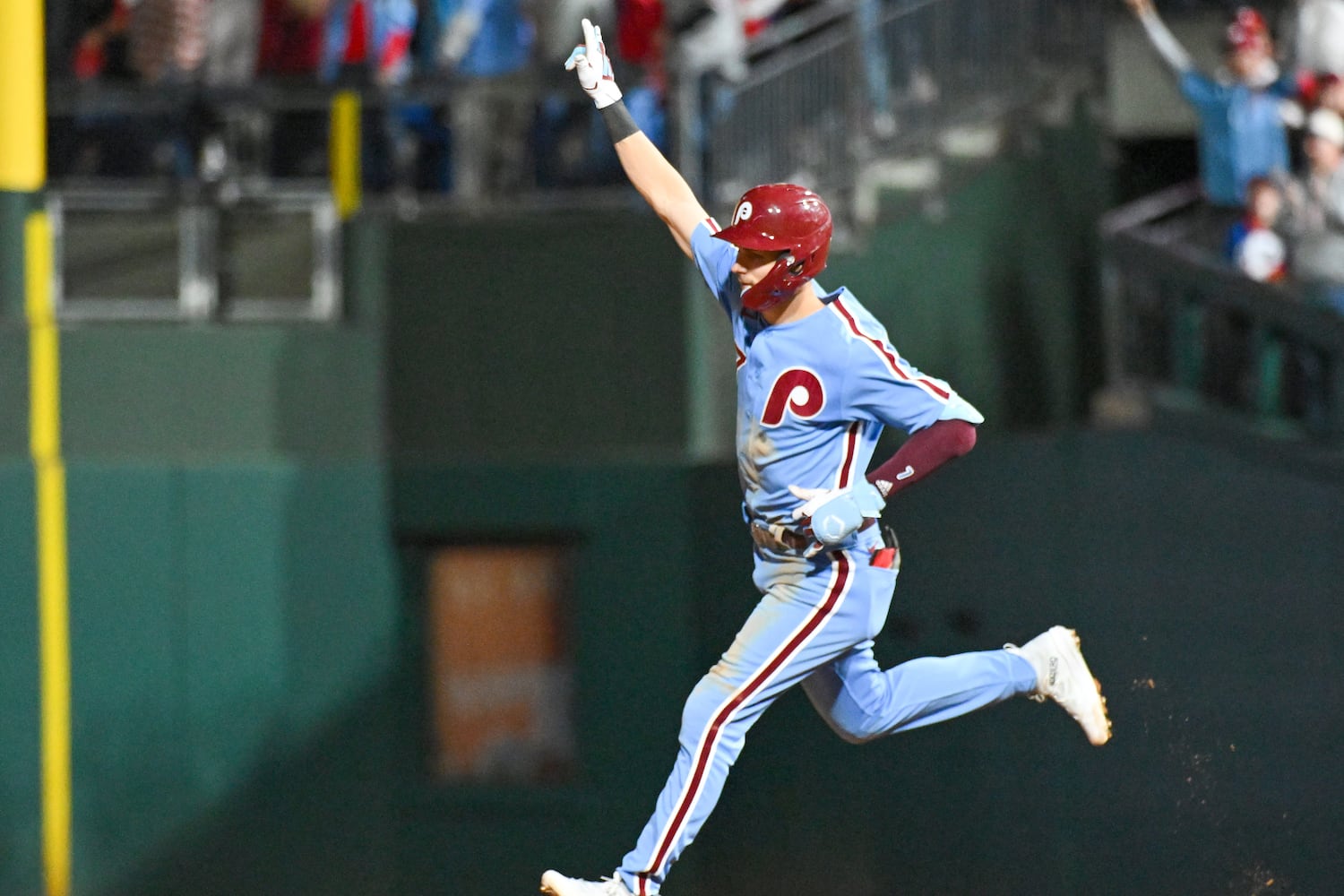 Philadelphia Phillies’ Trea Turner (7) rounds the bases after a solo home run during the fifth inning of NLDS Game 4 at Citizens Bank Park in Philadelphia on Thursday, Oct. 12, 2023.   (Hyosub Shin / Hyosub.Shin@ajc.com)