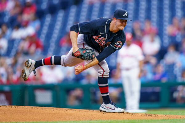 Atlanta Braves starting pitcher Tucker Davidson follows through during the first inning of the team's baseball game against the Philadelphia Phillies, Wednesday, June 9, 2021, in Philadelphia. (AP Photo/Chris Szagola)