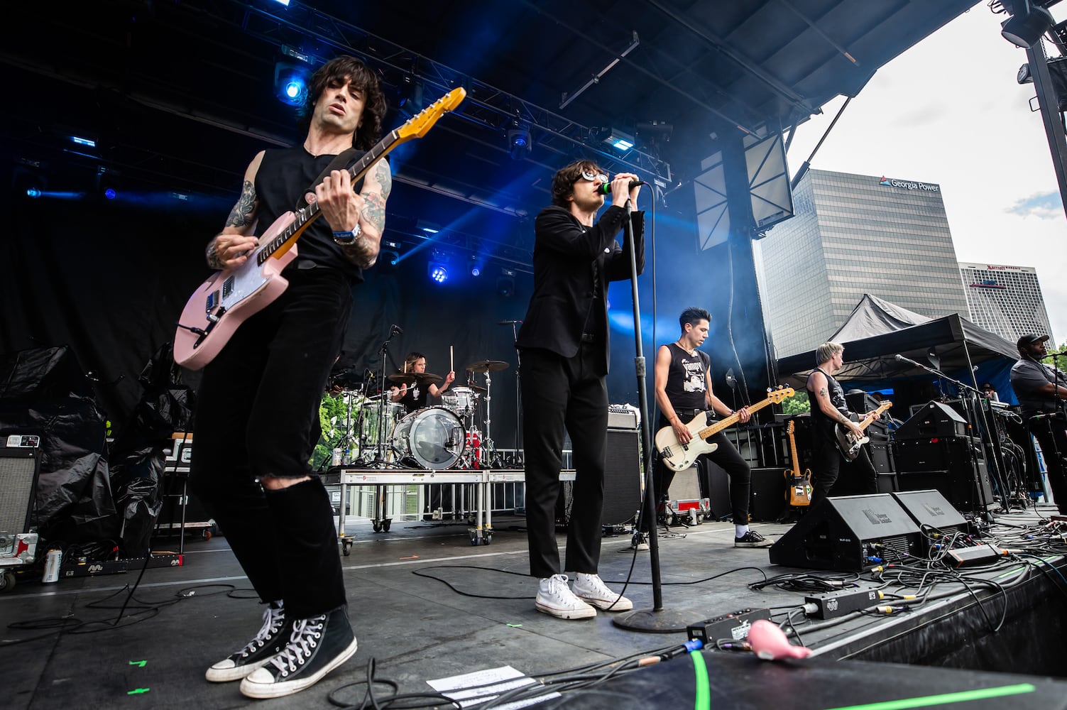 Atlanta, Ga: Bad Nerves killed with high flying acrobats and punk songs to an audience of crowd-surfing fanatics. Photo taken Saturday May 4, 2024 at Central Park, Old 4th Ward.  (RYAN FLEISHER FOR THE ATLANTA JOURNAL-CONSTITUTION)