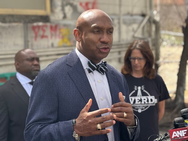 Civil rights attorney Mawuli Mel Davis speaks at a press conference at the Old Wheat Street encampment on Saturday, March 8, 2025. Photo by Matt Reynolds/AJC, 2025