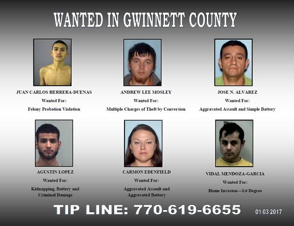 These six people are included on the list of wanted fugitives released by the Gwinnett County Sheriff's Office on Jan. 4, 2017.