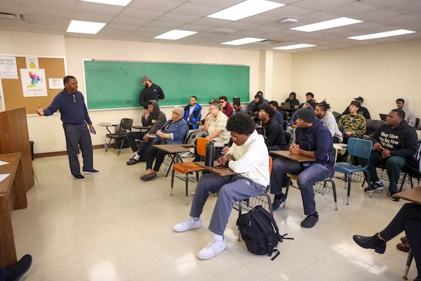 Yohance Murray, an assistant professor of psychology at Morehouse College, speaks during the Eddie Gaffney lecture series about mental health at Dansby Hall on the Morehouse College campus, Tuesday, Oct. 17, 2023, in Atlanta. (Jason Getz / Jason.Getz@ajc.com)