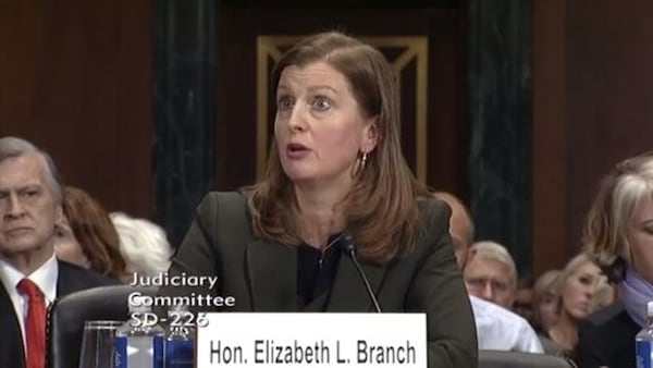 Judge Elizabeth Branch, during her Senate confirmation hearing. (AJC file photo)