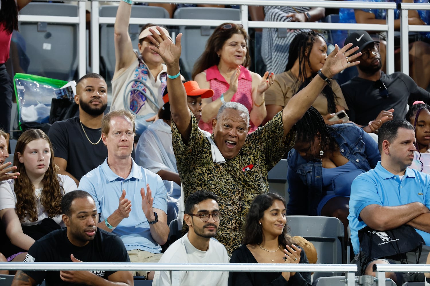 A fan reacts after a point during the first set of an exhibition match between Sloane Stephens and Taylor Townsend at the Atlanta Open in Atlantic Station on Sunday, July 21, 2024, in Atlanta.
(Miguel Martinez / AJC)