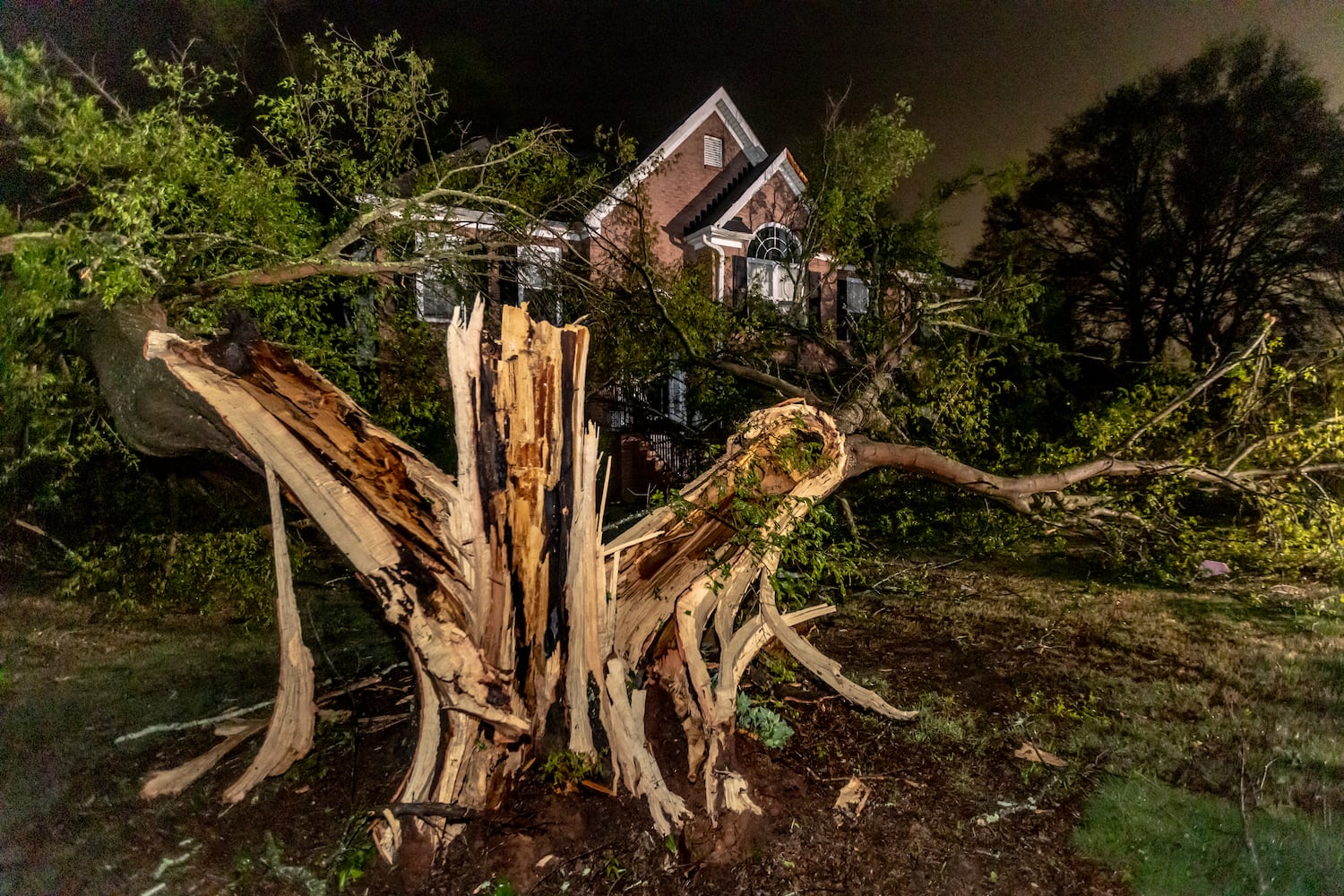 Severe storms toppled a tree on Wolverton Court in Conyers overnight Tuesday, April 3, 2024, in Rockdale County when storms moved through the region. (John Spink / John.Spink@ajc.com)