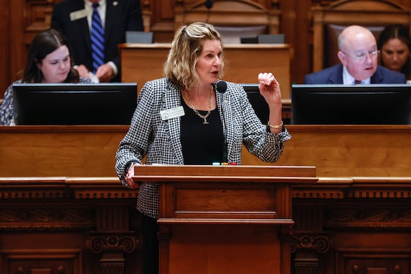 Speaker Pro Tempore Jan Jones speaks at the Georgia State Capitol in Atlanta on Wednesday, March 29, 2023. (Natrice Miller/The Atlanta Journal-Constitution)