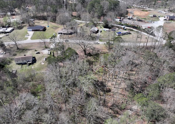 Aerial photo shows the aftermath of a storm in Dallas, Sunday, March 16, 2025. National Weather Service teams will be conducting a damage survey in the Paulding County/Dallas area, which sustained “pretty significant” damage from the storms, NWS Senior Meteorologist Dylan Lusk told The Atlanta Journal-Constitution on Sunday morning. (Hyosub Shin / AJC)