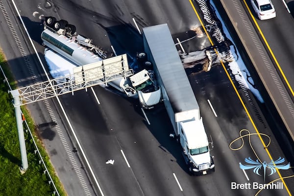 The WSB Skycopter flies above the overturned tanker truck and fuel spill on I-20/westbound at Six Flags that shut the interstate down for over 12 hours Wednesday. 