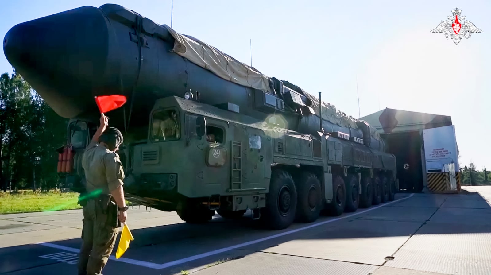 FILE - In this image taken from video released by Russian Defense Ministry Press Service on Sept. 17, 2024, Russian RS-24 Yars strategic ballistic missiles launcher moves out a hangar during a drills in Ivanovo region, Russia. (Russian Defense Ministry Press Service photo via AP, File)