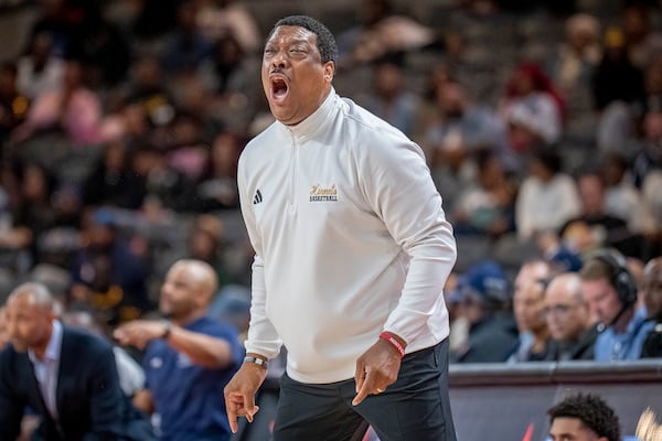 Jackson State head coach Mo Williams reacts during the first half of an NCAA basketball game in the championship of the Southwest Athletic Conference Championship tournament against Alabama State, Saturday, March 15, 2025, in College Park, Ga. (AP Photo/Erik Rank)