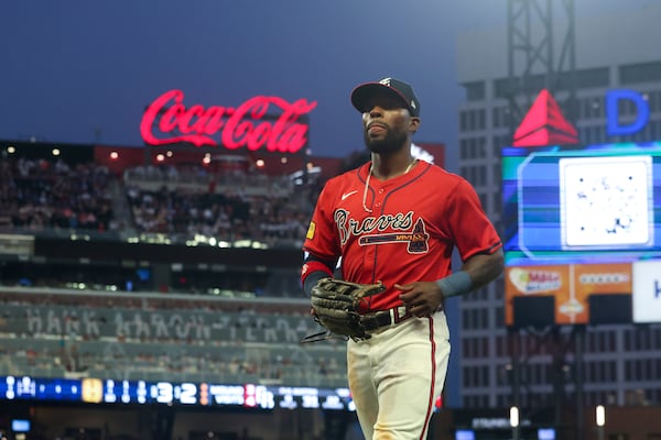 Atlanta Braves outfielder J.P. Martínez walks toward the dugout after the final out during the sixth inning against the Tampa Bay Rays at Truist Park, Friday, June 14, 2024, in Atlanta. The Braves won 7-3. (Jason Getz / AJC)

