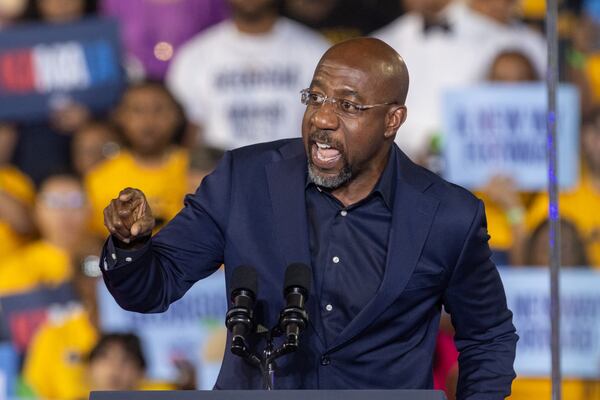 U.S. Sen. Raphael Warnock, D-Ga., speaks during Democratic presidential candidate Kamala Harris’ rally at James R. Hallford Stadium in Clarkston on Thursday, October 24, 2024.