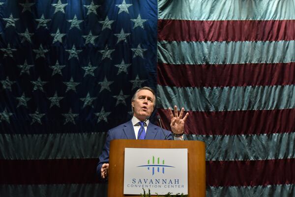 May 18, 2019 Savannah - Senator David Perdue speaks during 2019 GAGOP State Convention at Savannah International Trade and Convention Center in Savannah on Saturday, May 18, 2019. More than 1,000 conservative activists gathered Saturday to plot the Georgia GOPâs strategy for next yearâs presidential election and select a new leader who will help steer the partyâs course. HYOSUB SHIN / HSHIN@AJC.COM